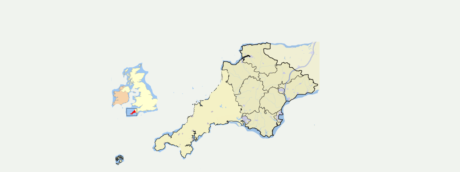 Outline map showing Devon and Cornwall in South West England